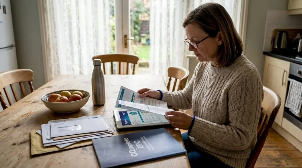 Homeowner reviewing EPC report in kitchen