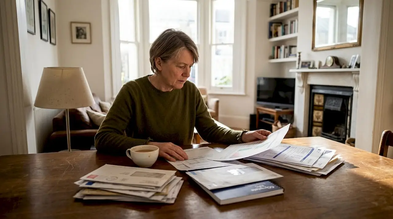 Owner reviews carbon footprint paperwork at home