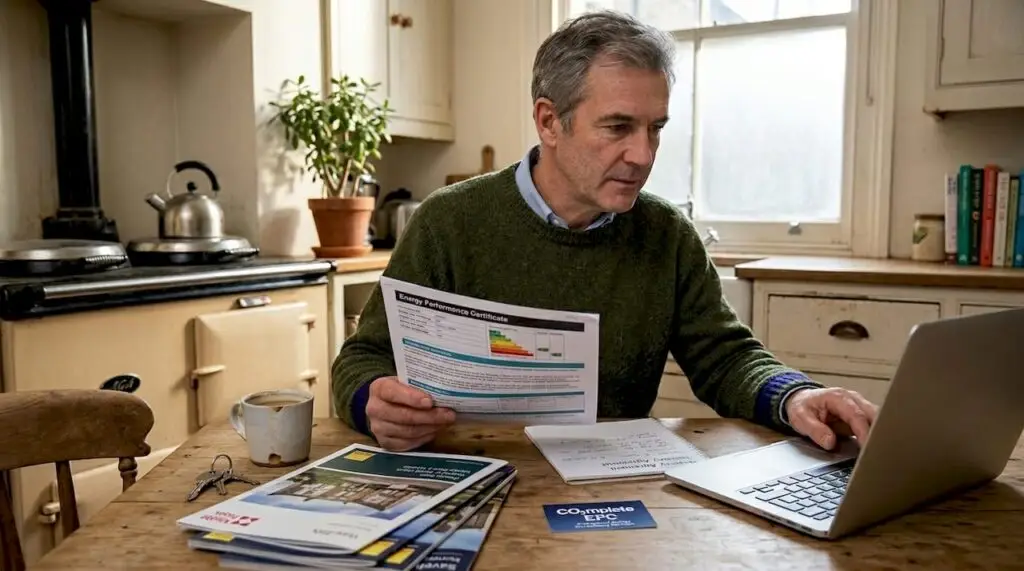 Landlord reviews EPC certificate at kitchen table
