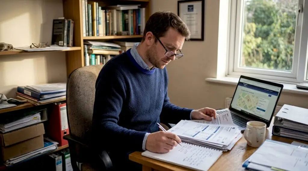 EPC assessor in home office reviewing paperwork