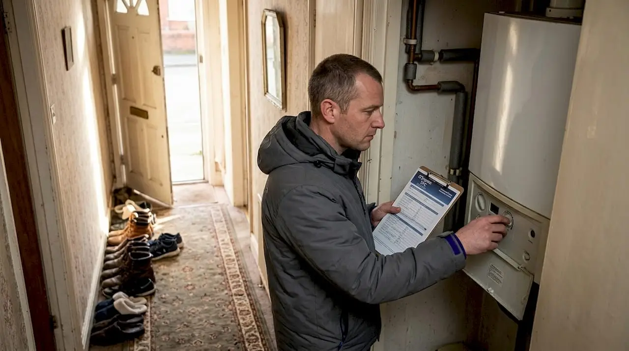 Energy assessor inspecting hallway boiler controls