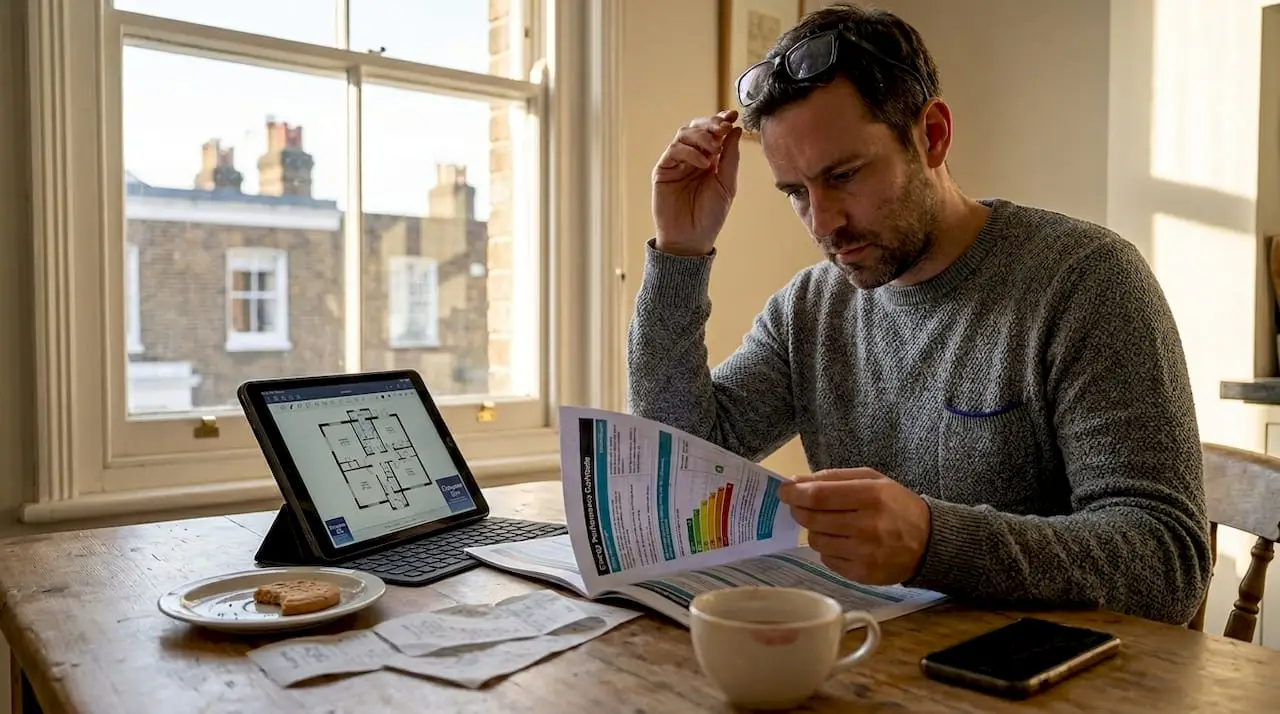 Man reviewing EPC report in London kitchen