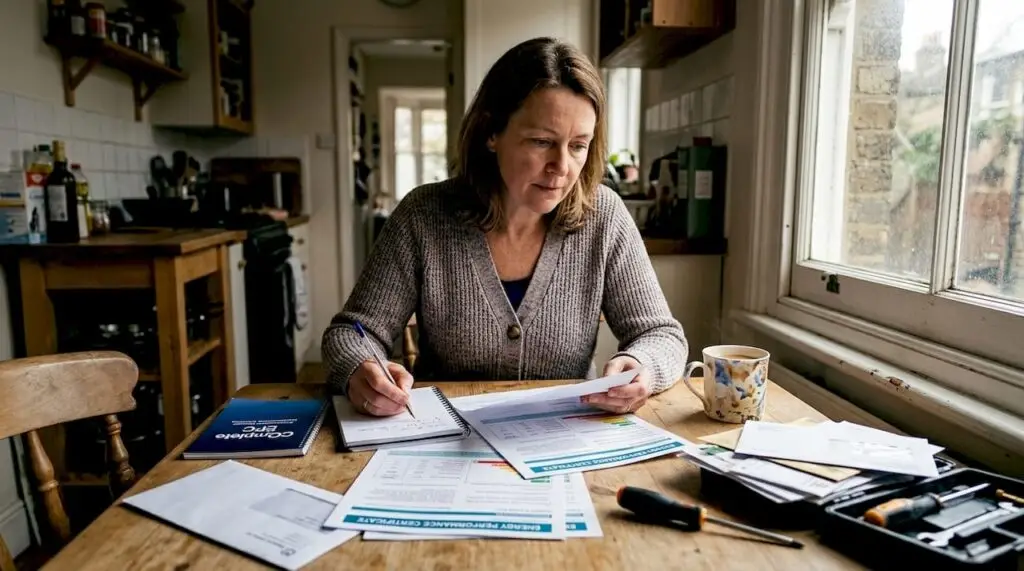 Landlord reviewing EPC documents at kitchen table