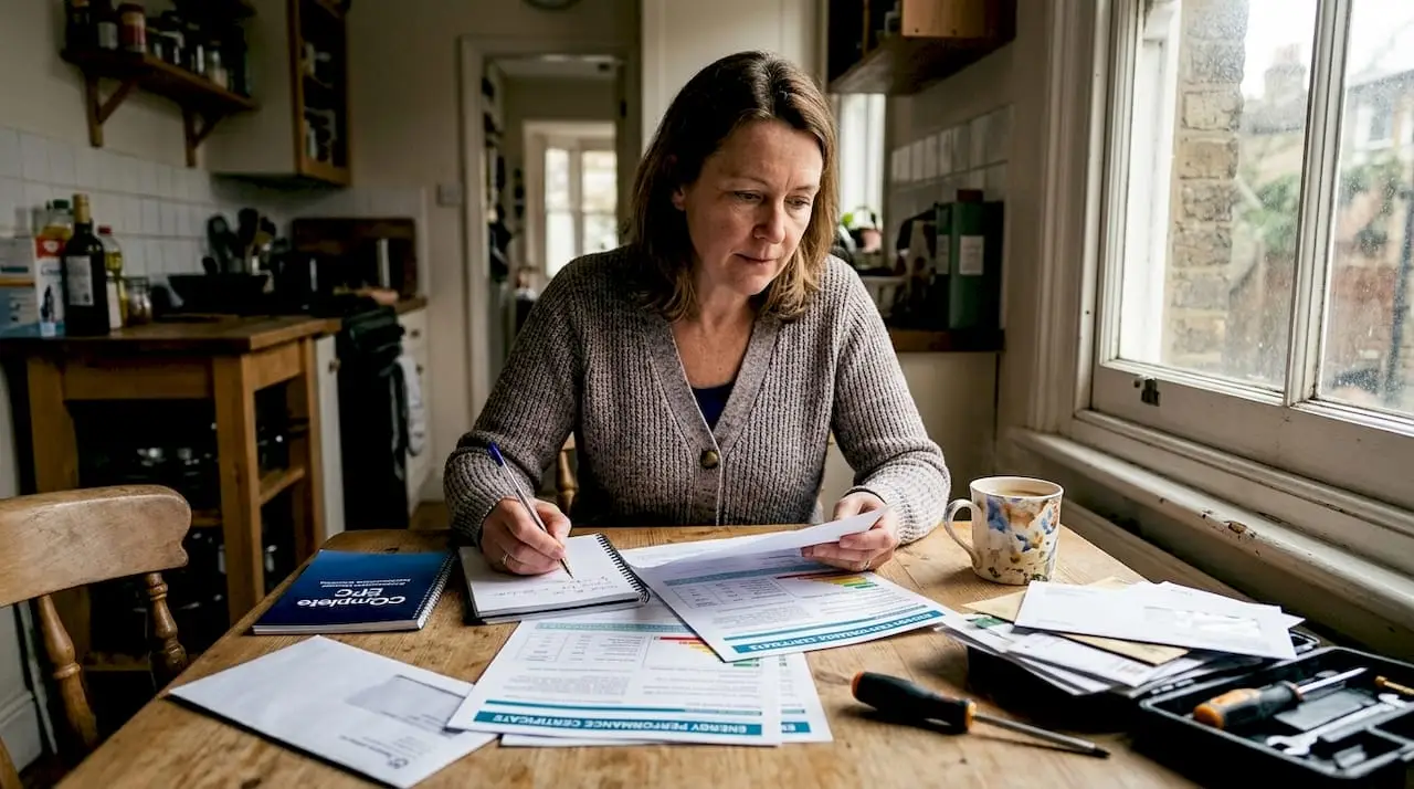 Landlord reviewing EPC documents at kitchen table