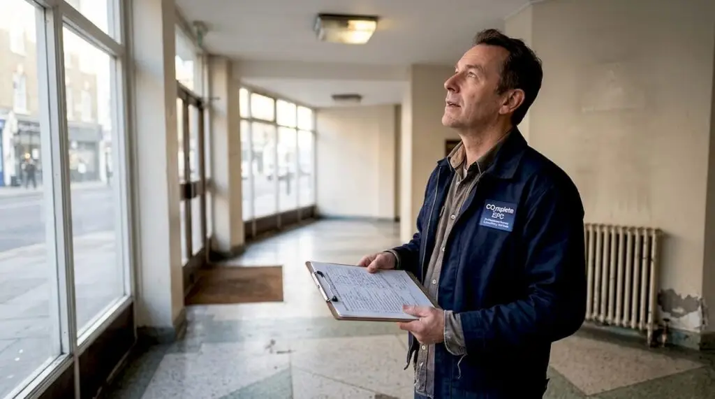 Energy assessor inspects lobby for EPC certificate