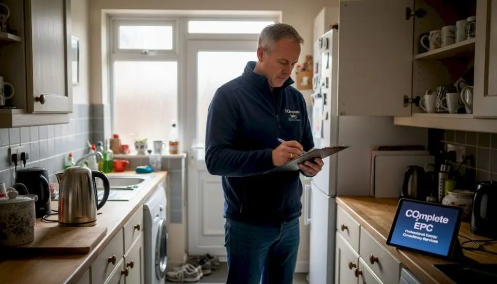 Energy assessor inspecting kitchen during assessment