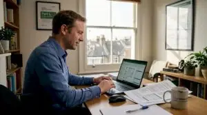 Energy assessor reviewing plans in London home office