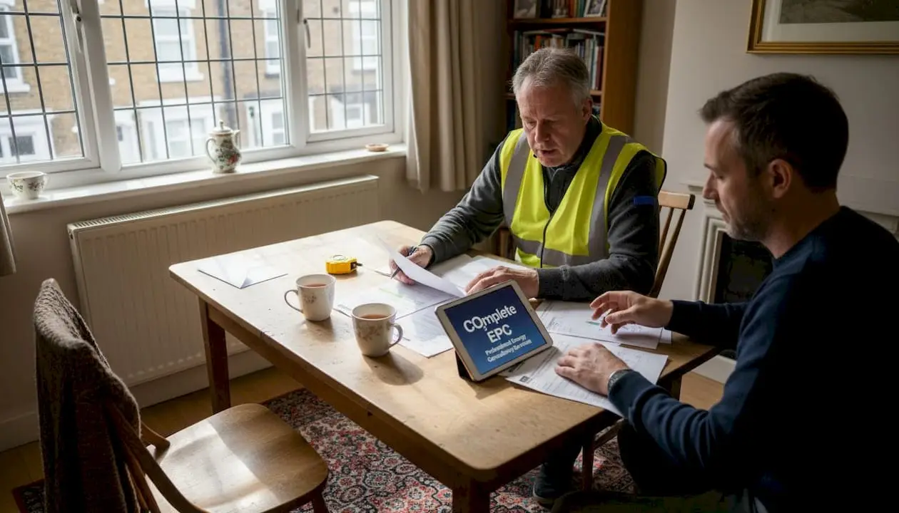 Assessor and homeowner reviewing EPC in London home