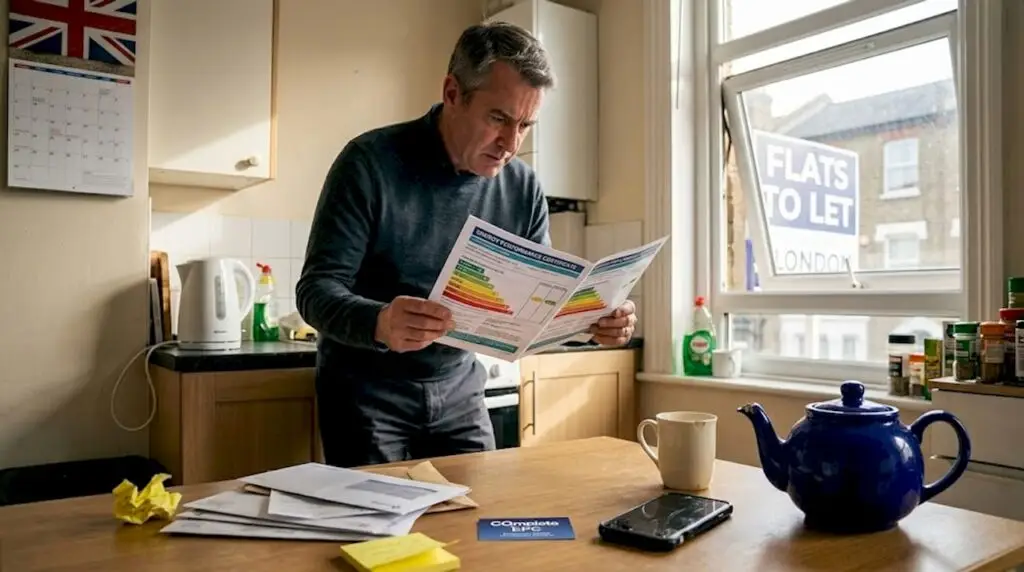 Landlord reviewing EPC certificate in kitchen