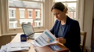 Landlord reviewing energy certificate in home office