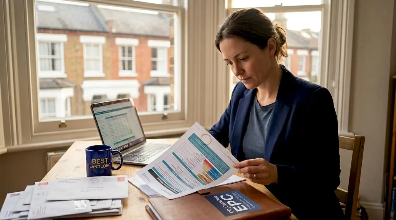 Landlord reviewing energy certificate in home office
