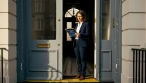 Property manager inspecting London Victorian building