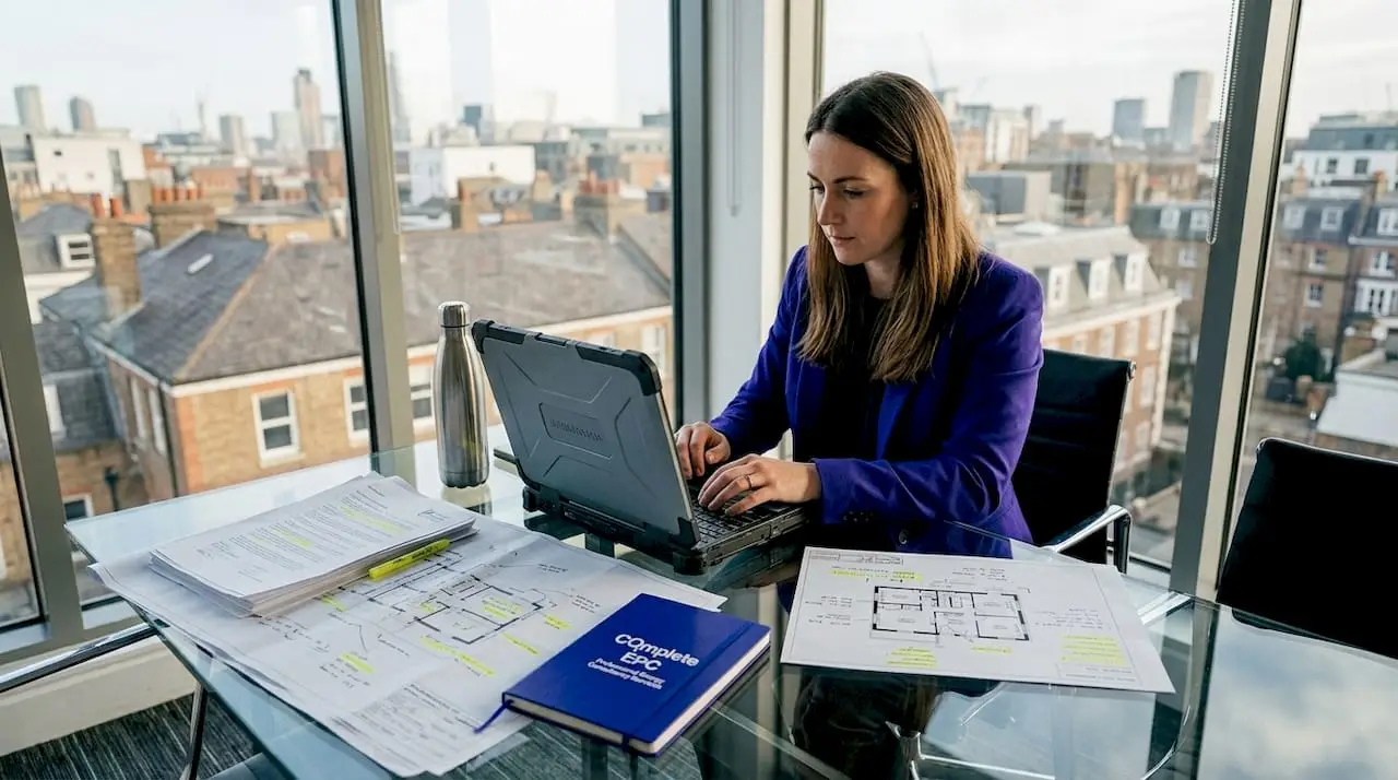 Assessor entering energy data in London office