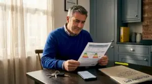 Landlord studying EPC certificate at kitchen table