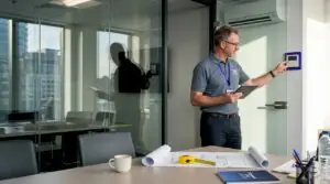 Energy assessor checks HVAC in glass-walled office