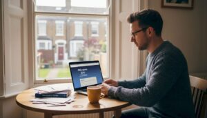 Man checking energy certificate on laptop at home