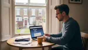 Man checking energy certificate on laptop at home