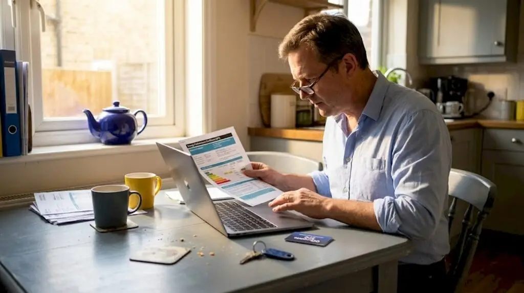 Homeowner reviewing EPC certificate at kitchen table