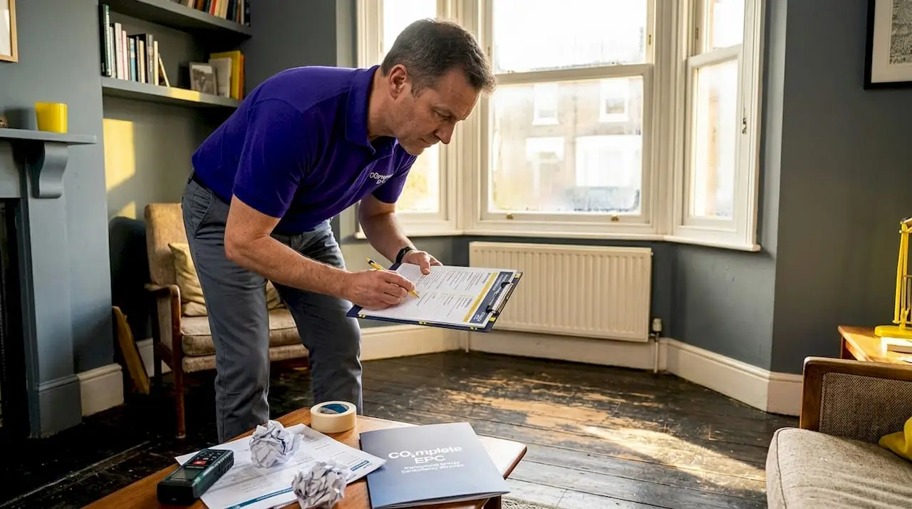 Energy assessor inspects London living room for EPC