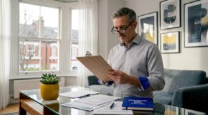 Landlord reviewing EPC certificate in kitchen
