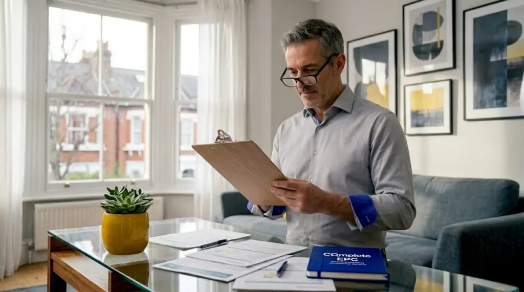 Landlord reviewing EPC certificate in kitchen