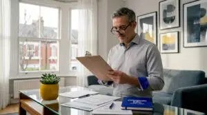 Landlord reviewing EPC certificate in kitchen