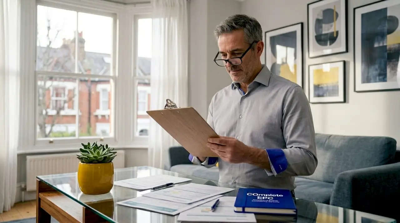 Landlord reviewing EPC certificate in kitchen