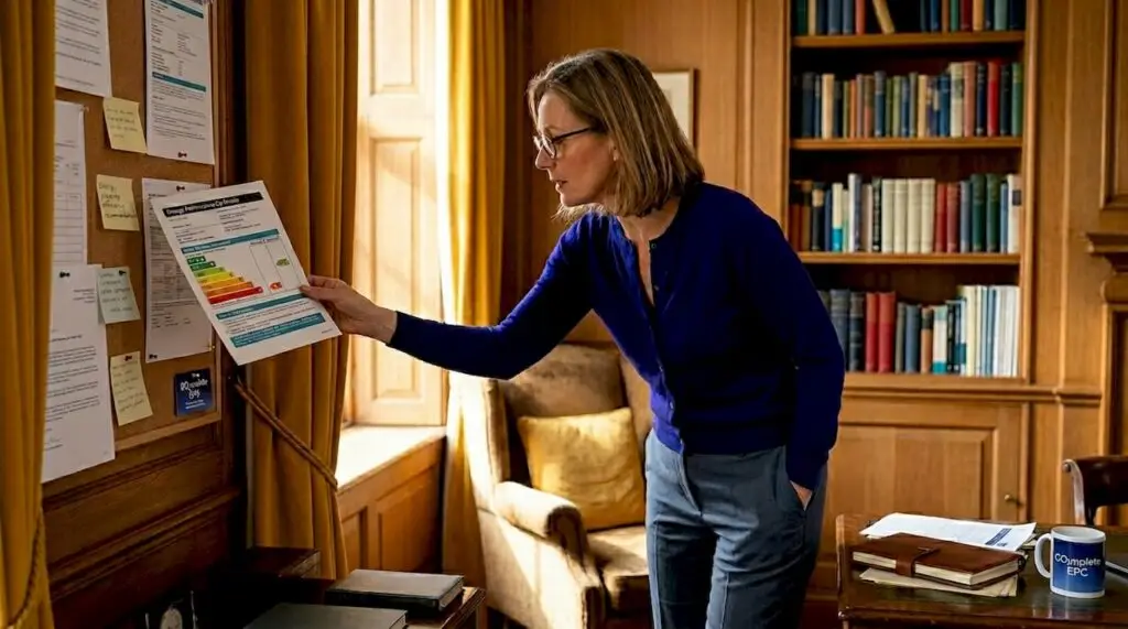 Landlord checks EPC certificate in hallway