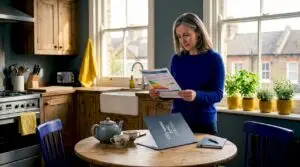 Homeowner reviewing energy certificate in living room