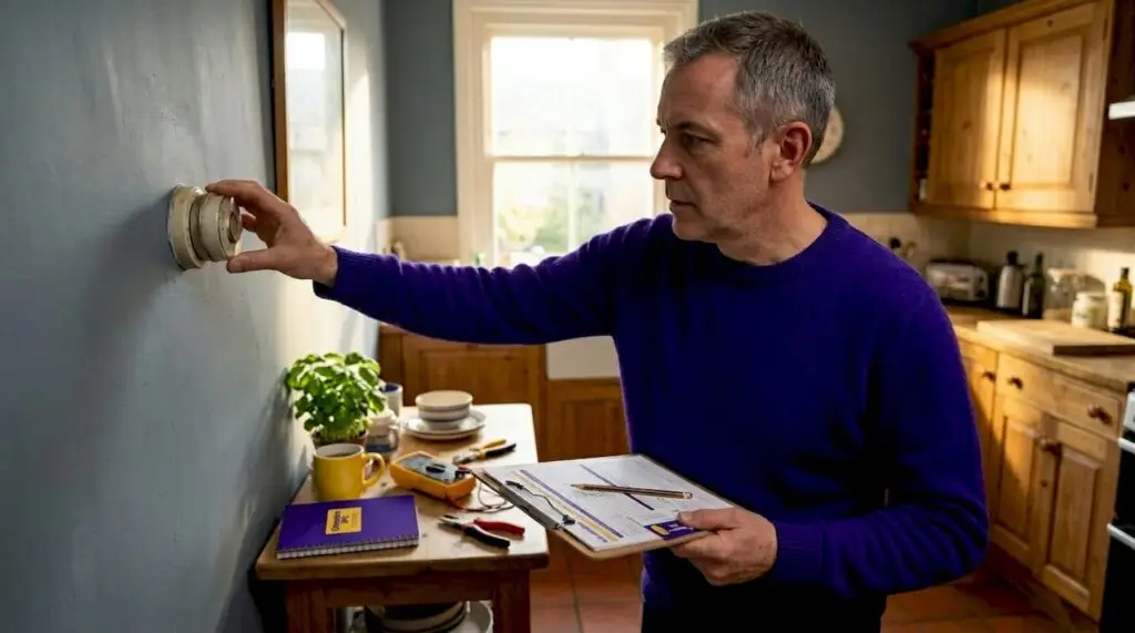 Homeowner checking thermostat in London hallway
