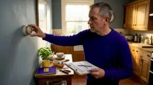 Homeowner checking thermostat in London hallway