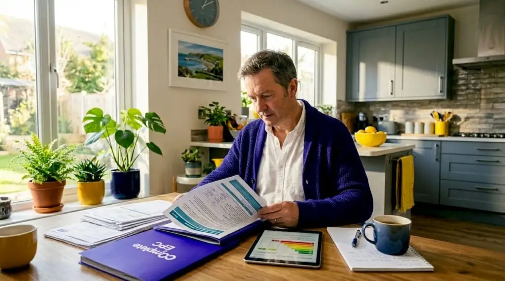 Landlord reviewing EPC report at kitchen table