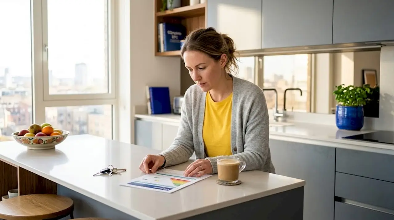 Homeowner reviewing EPC certificate at kitchen table