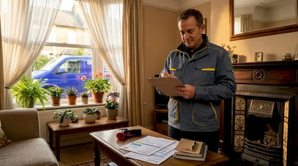 Energy assessor inspecting hallway of UK home