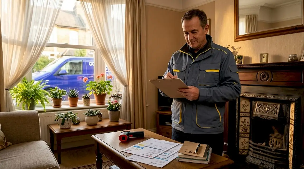Energy assessor inspecting hallway of UK home