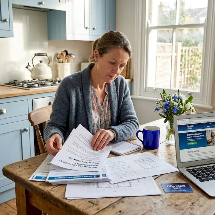 Homeowner organizing energy documents in kitchen