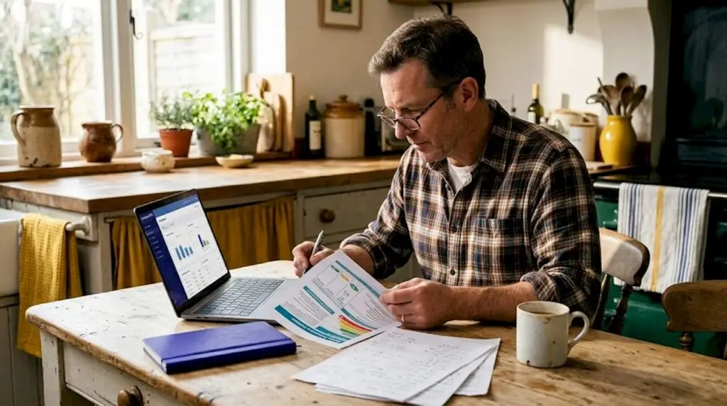 Man reviewing EPC report at kitchen table
