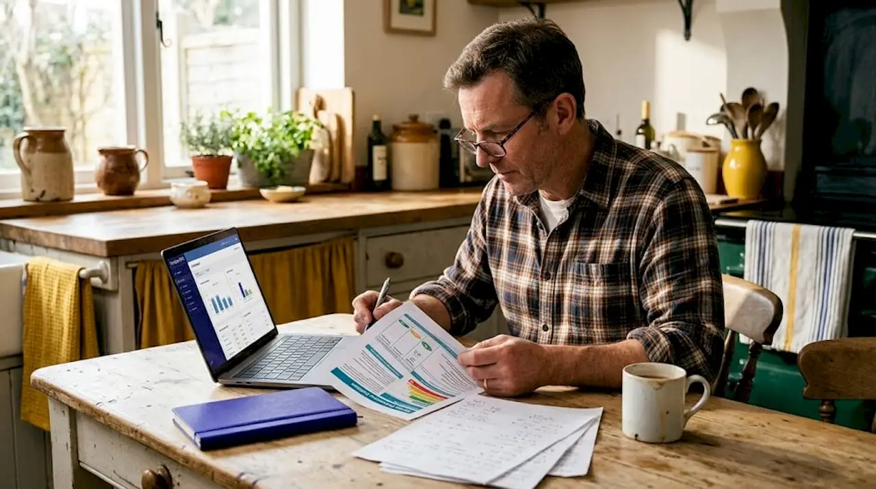 Man reviewing EPC report at kitchen table