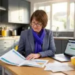Homeowner reviewing printed EPC rating report at table