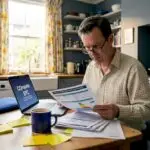 London landlord reviewing EPC paperwork in kitchen