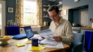 London landlord reviewing EPC paperwork in kitchen