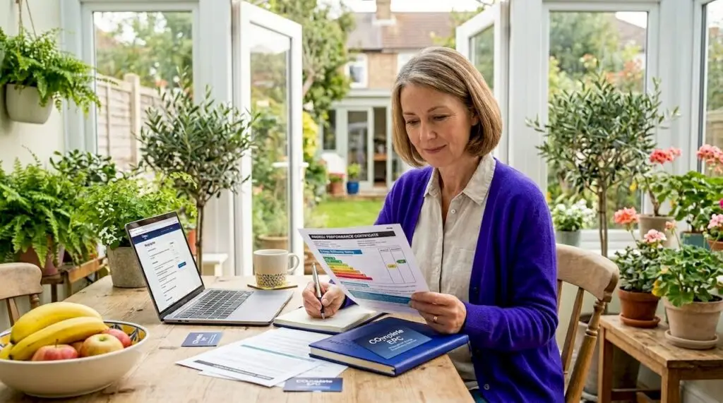 Tenant reading energy certificate at home