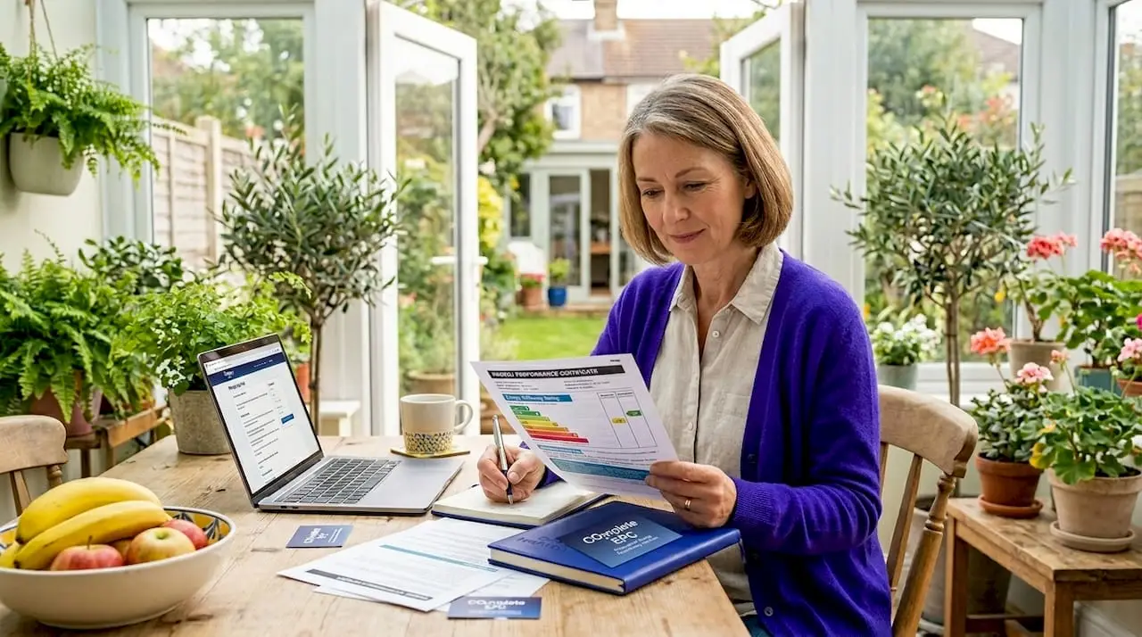 Tenant reading energy certificate at home