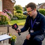 Energy assessor inspecting home exterior insulation