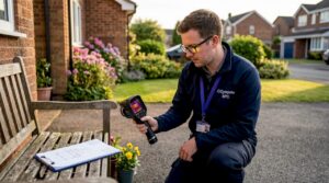 Energy assessor inspecting home exterior insulation
