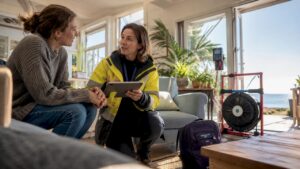Home energy assessor explaining results to homeowner