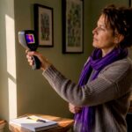 Woman performing home energy audit with thermal camera