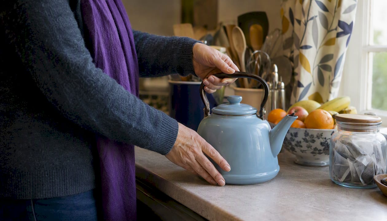 Hands unplugging kettle in UK kitchen