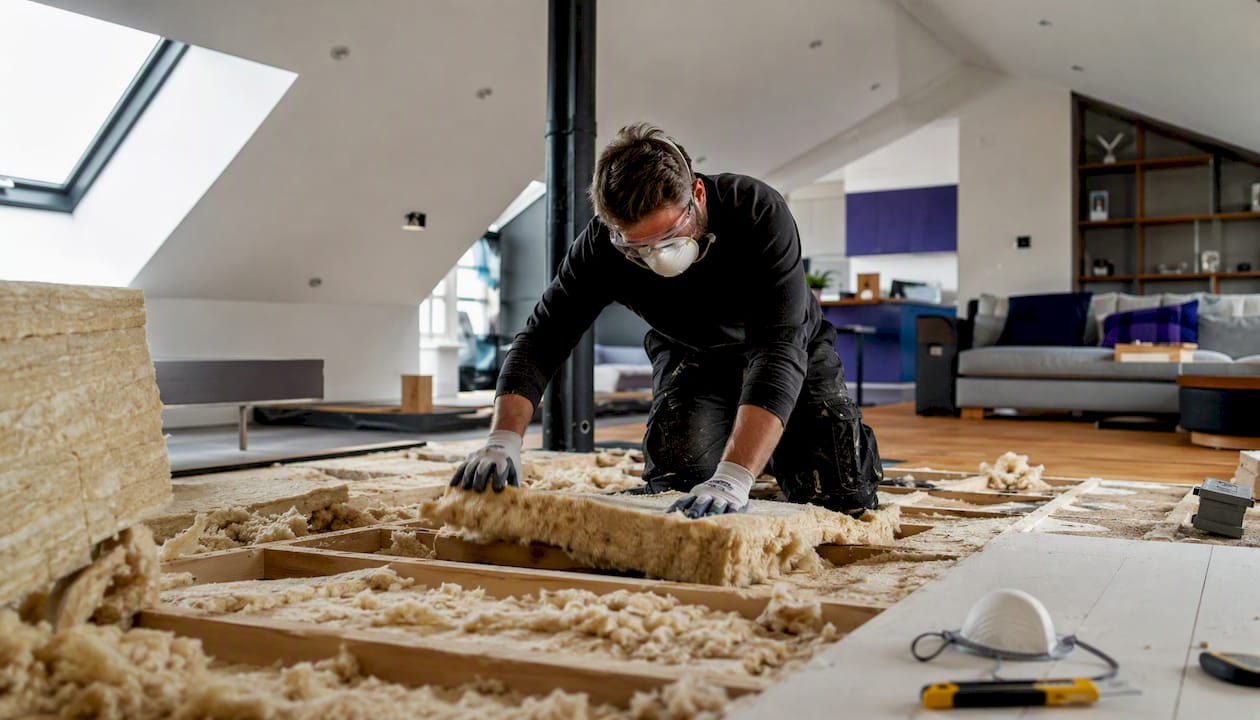 Contractor installing loft insulation manually