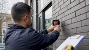 Hands measuring house wall exterior in London